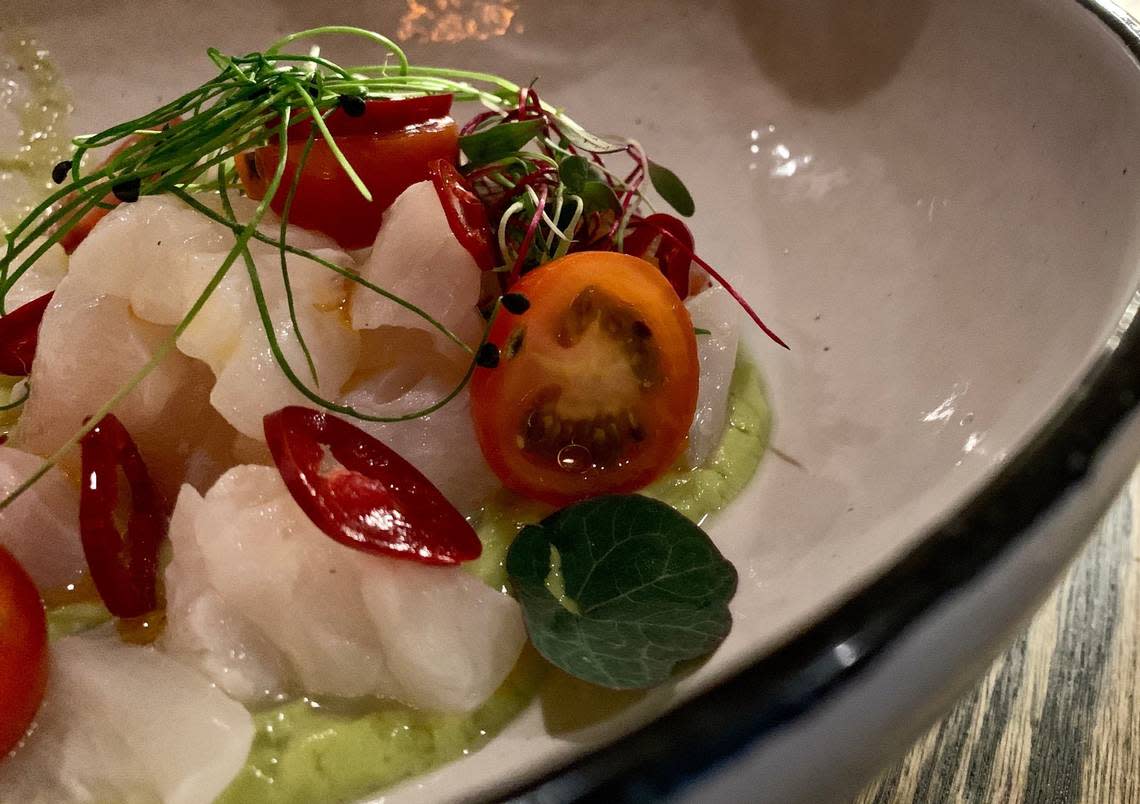 From the raw bar, the halibut crudo with pickled chiles featured a vibrant jalapeno-avocado crema.