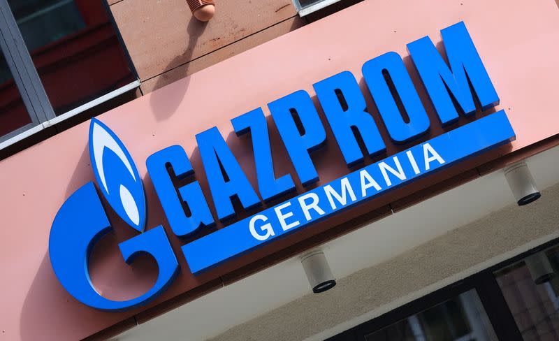 FILE PHOTO: The logo of Gazprom Germania is pictured at their headquarters in Berlin