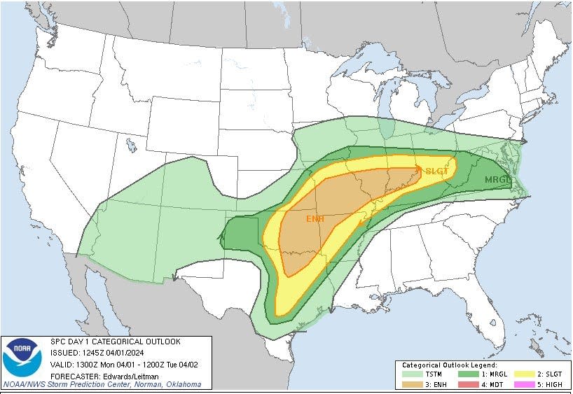 An area of "enhanced risk" for severe thunderstorms stretches from Dallas through the Ohio Valley to near Cincinnati on Monday.