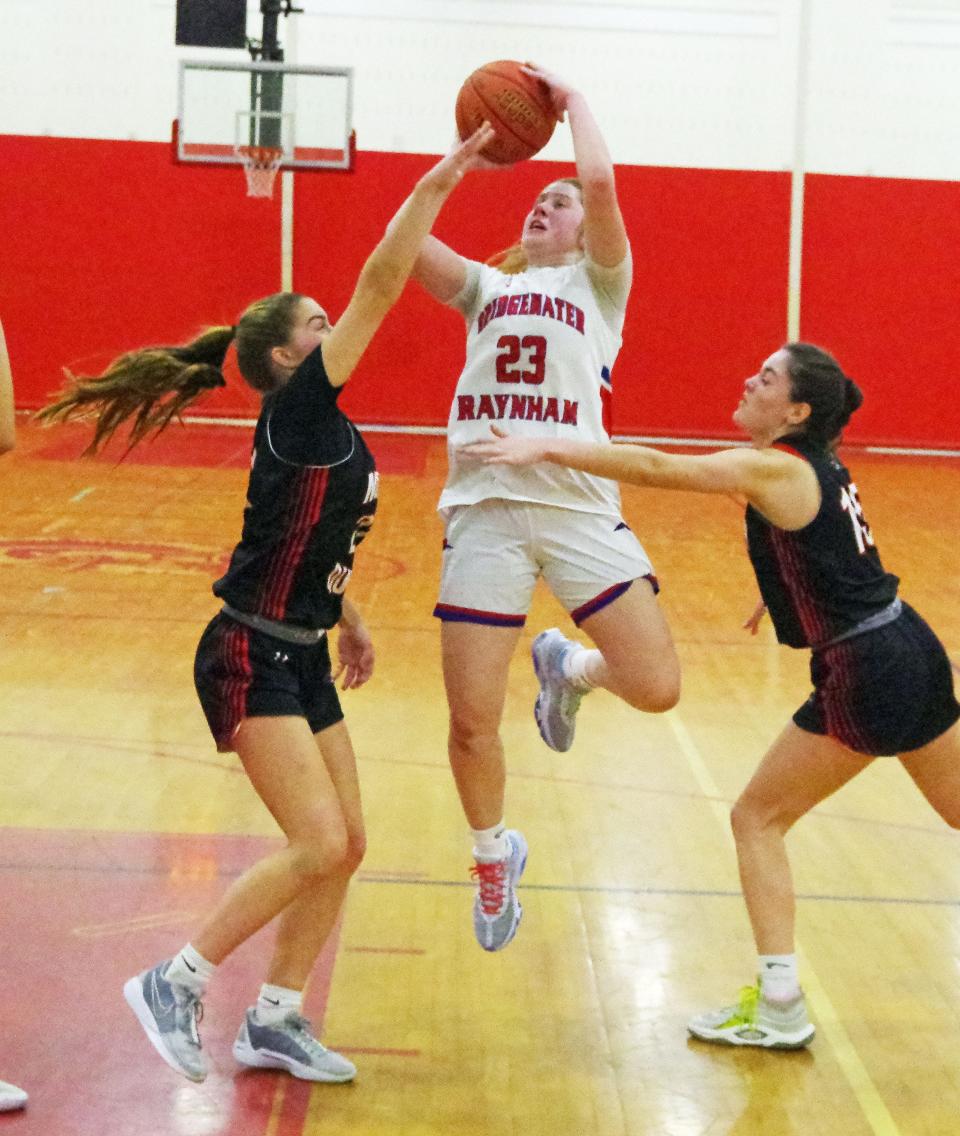 B-R's Reese Bartlett goes inside for a score in 1st half action against North Quincy on Monday, Jan. 8, 2024