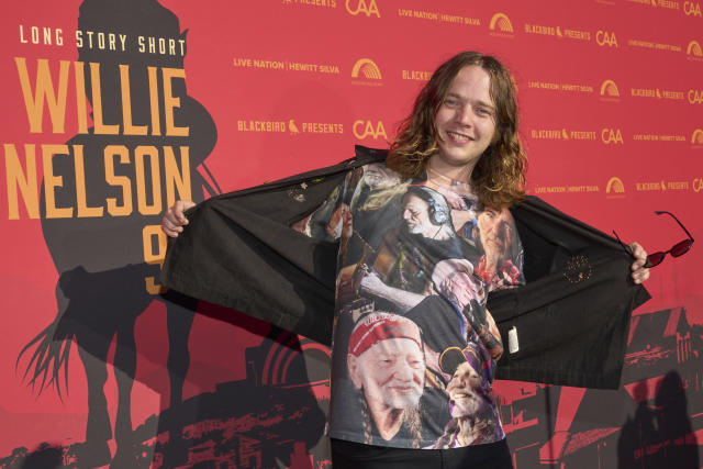 Billy Strings arrives at Willie Nelson 90, celebrating the singer's 90th birthday, on Saturday, April 29, 2023, at the Hollywood Bowl in Los Angeles. (Photo by Allison Dinner/Invision/AP)