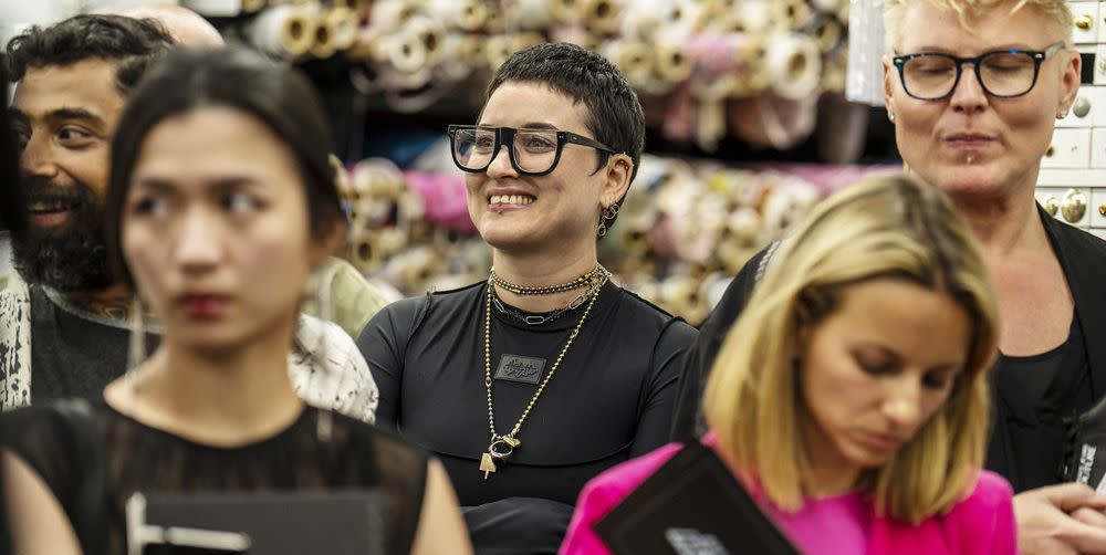 fabio costa, anna zhou, hester sunshine, nora pagel, and johnathan kayne gillaspie standing inside mood fabrics during episode 1 of project runway season 20