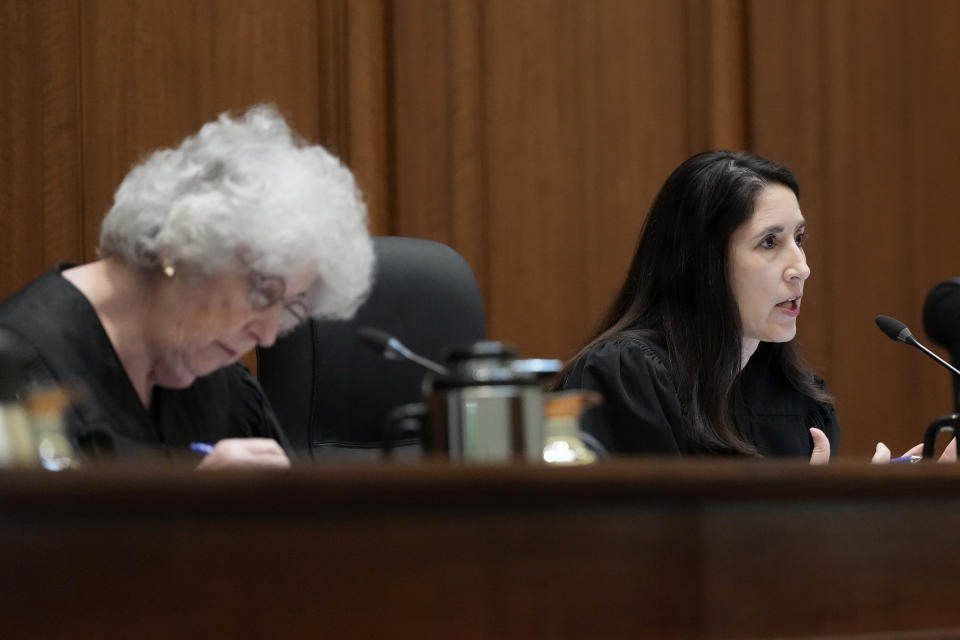 Chief Justice Patricia Guerrero, right, speaks next to Associate Justice Carol A. Corrigan at the California Supreme Court in San Francisco, Wednesday, May 8, 2024. The California Supreme Court heard arguments Wednesday about whether to remove a measure from the November ballot that would make it harder for state and local governments to raise taxes. (AP Photo/Jeff Chiu, Pool)