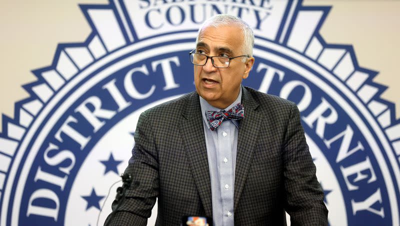 Salt Lake County District Attorney Sim Gill talks Friday about an incident involving Utah Transit Authority police officers and a man with a knife in Salt Lake City. Gill said the officers were justified in their Sept. 1, 2022, use of force.