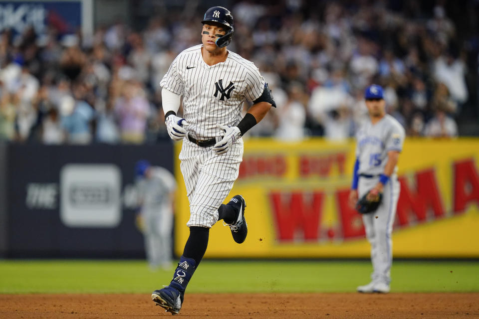 New York Yankees' Aaron Judge runs the bases after hitting a two-run home run during the third inning of a baseball game against the Kansas City Royals, Friday, July 29, 2022, in New York. (AP Photo/Frank Franklin II)