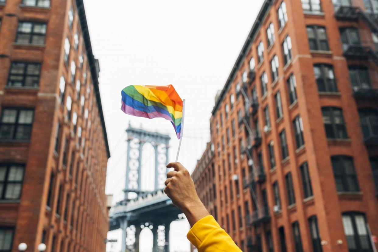 Hand waving LGBT flag in NYC as concept for lgbtq definitions and glossary