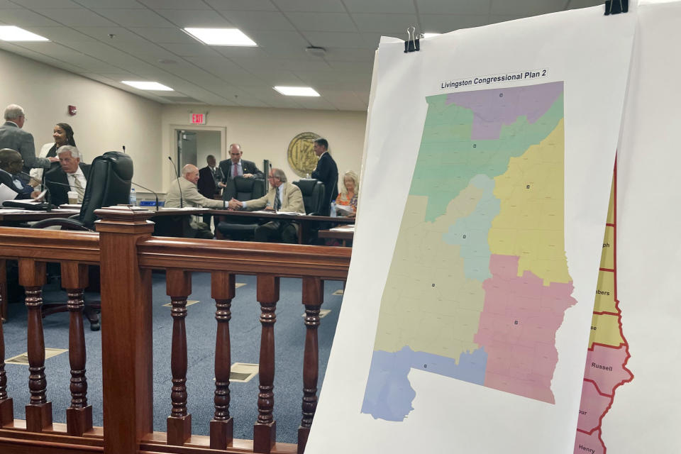 A map of a GOP proposal to redraw Alabama's congressional districts is displayed at the Alabama Statehouse in Montgomery, Ala., Tuesday, July 18, 2023. Alabama lawmakers are meeting in special session to draw new congressional districts after the U.S. Supreme Court upheld a ruling blocking the current map. (AP Photo/Kim Chandler)