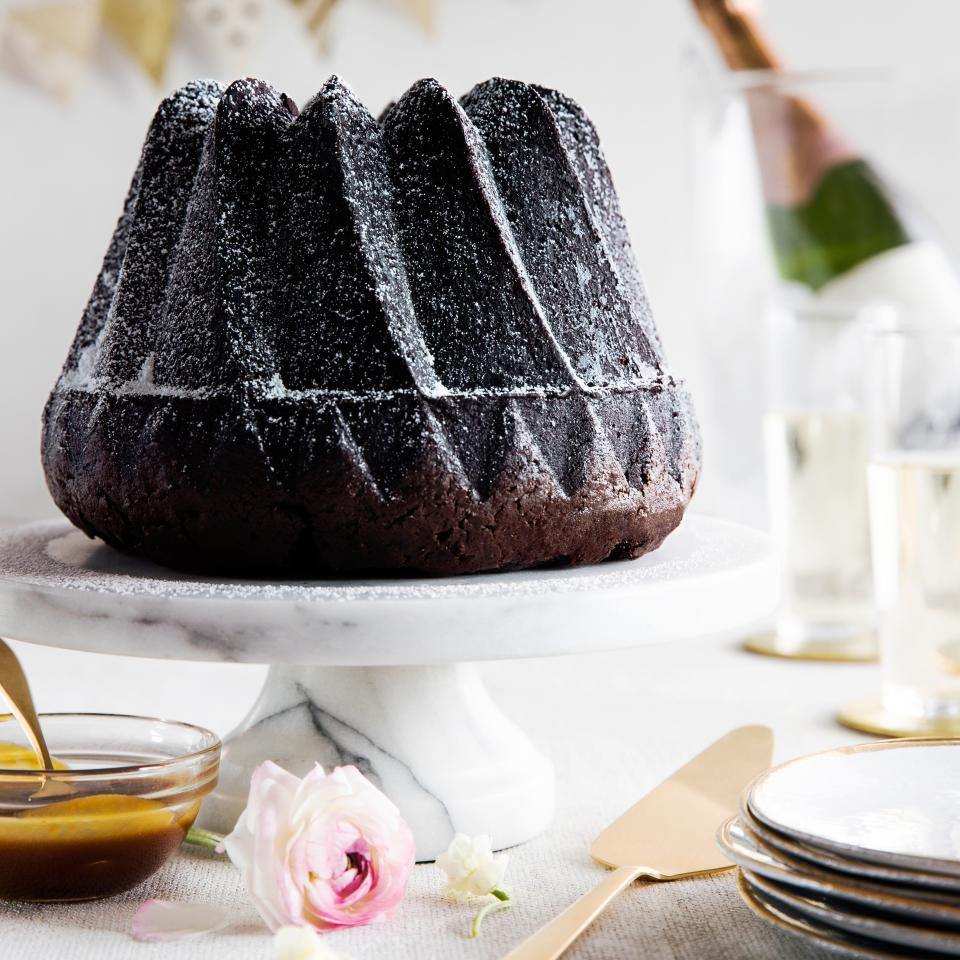 Dark Chocolate Bundt Cake with Whiskey Caramel Sauce