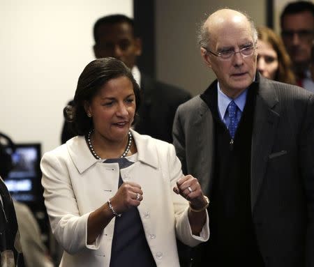 United States National Security Advisor Susan Rice (L) arrives for her speech at the Brookings Institution accompanied by Strobe Talbott (R) in Washington February 6, 2015. REUTERS/Gary Cameron