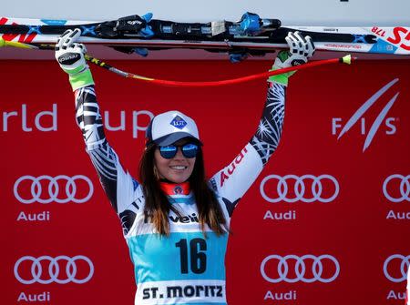 Alpine Skiing - Alpine Skiing World Cup - Women's Super-G race - St. Moritz, Switzerland - 17/3/16 - Tina Weirather of Liechtenstein reacts REUTERS/Arnd Wiegmann