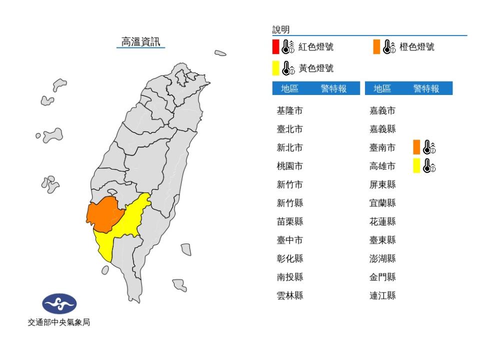 高溫炎熱，臺南市近山區或河谷為橙色燈號，有連續出現36度高溫的機率，高雄市近山區或河谷為黃色燈號。（圖：氣象局網站）