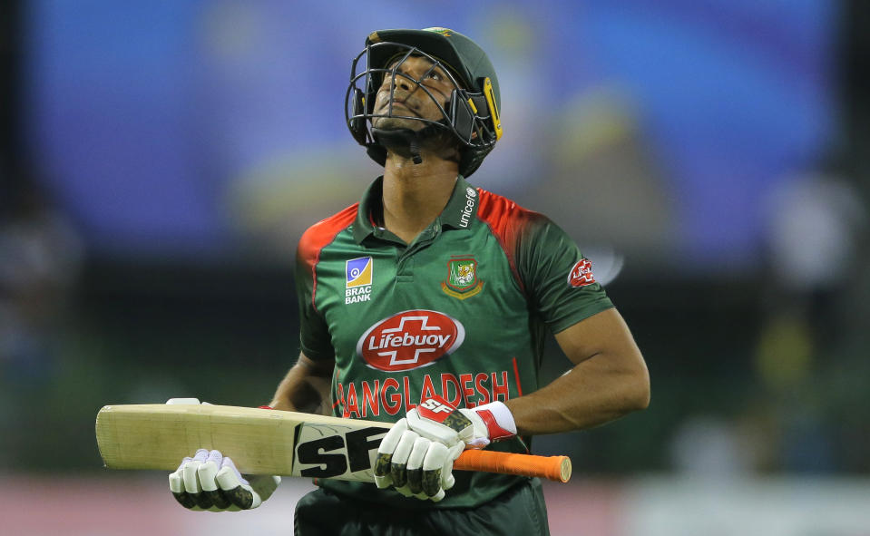 Bangladeshi batsman Mahmudullah reacts after being dismissed during the third one-day international cricket match between Sri Lanka and Bangladesh in Colombo, Sri Lanka, Wednesday, July 31, 2019. (AP Photo/Eranga Jayawardena)