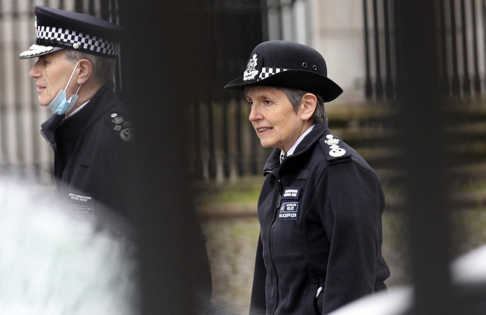 Metropolitan Police Commissioner Cressida Dick arrives at New Scotland Yard in London, Sunday March 14, 2021, the day after hundreds of people disregarded a judge's ruling and police requests by gathering at Clapham Common in honor of Sarah Everard. Everard disappeared while walking home from a friend’s apartment and was found dead a week later. The slaying sent shockwaves across the U.K. because a Metropolitan Police officer is charged with her kidnapping and murder. (Yui Mok/PA via AP)