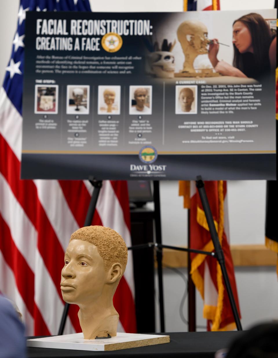 Ohio Bureau of Criminal Intelligence analyst Samantha Molnar created this facial reconstruction of an unidentified man whose remains were found in Canton Township in 2001. It was unveiled during a press conference at the Stark County Sheriff's Office on Thursday,