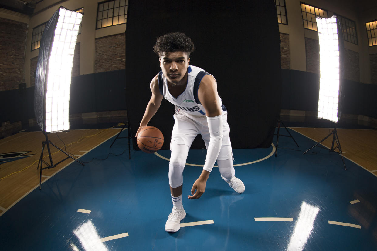 Sep 27, 2021; Dallas, TX, USA; Dallas Mavericks guard Tyrell Terry (1) poses for a photo during the Dallas Mavericks media day at the American Airlines Center. Mandatory Credit: Jerome Miron-USA TODAY Sports