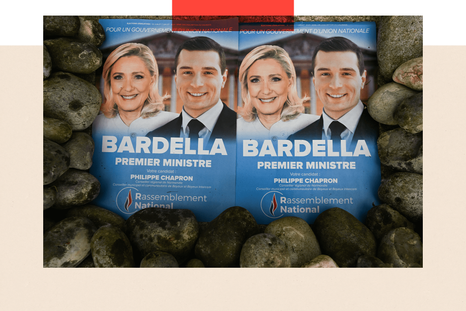 Two National Rally electoral posters with images of Marine Le Pen, President of the National Rally group in the National Assembly, and Jordan Bardella, President of the National Rally