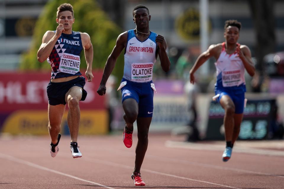 BORAS, SWEDEN - JULY 19: Praise Olatoke of Great Britain competes during200m Men Round 1 on July 19, 2019 in Boras, Sweden. (Photo by Maja Hitij/Getty Images for European Athletics)
