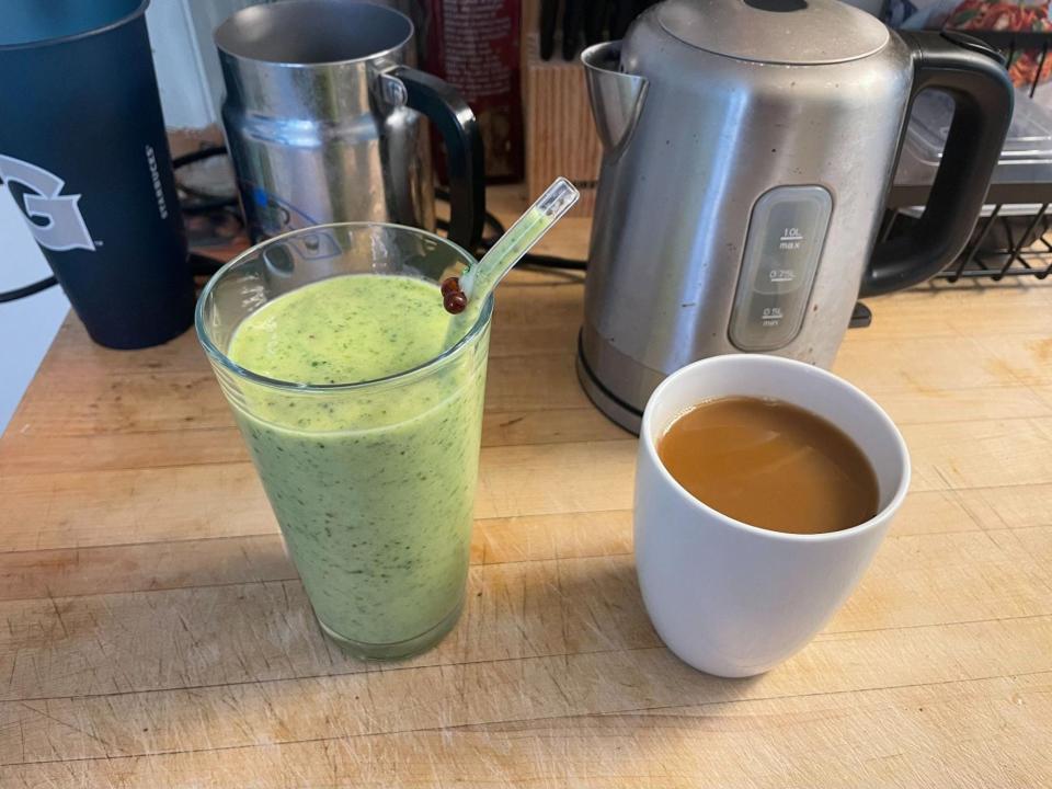 Emma Ginsberg's breakfast of a smoothie and coffee