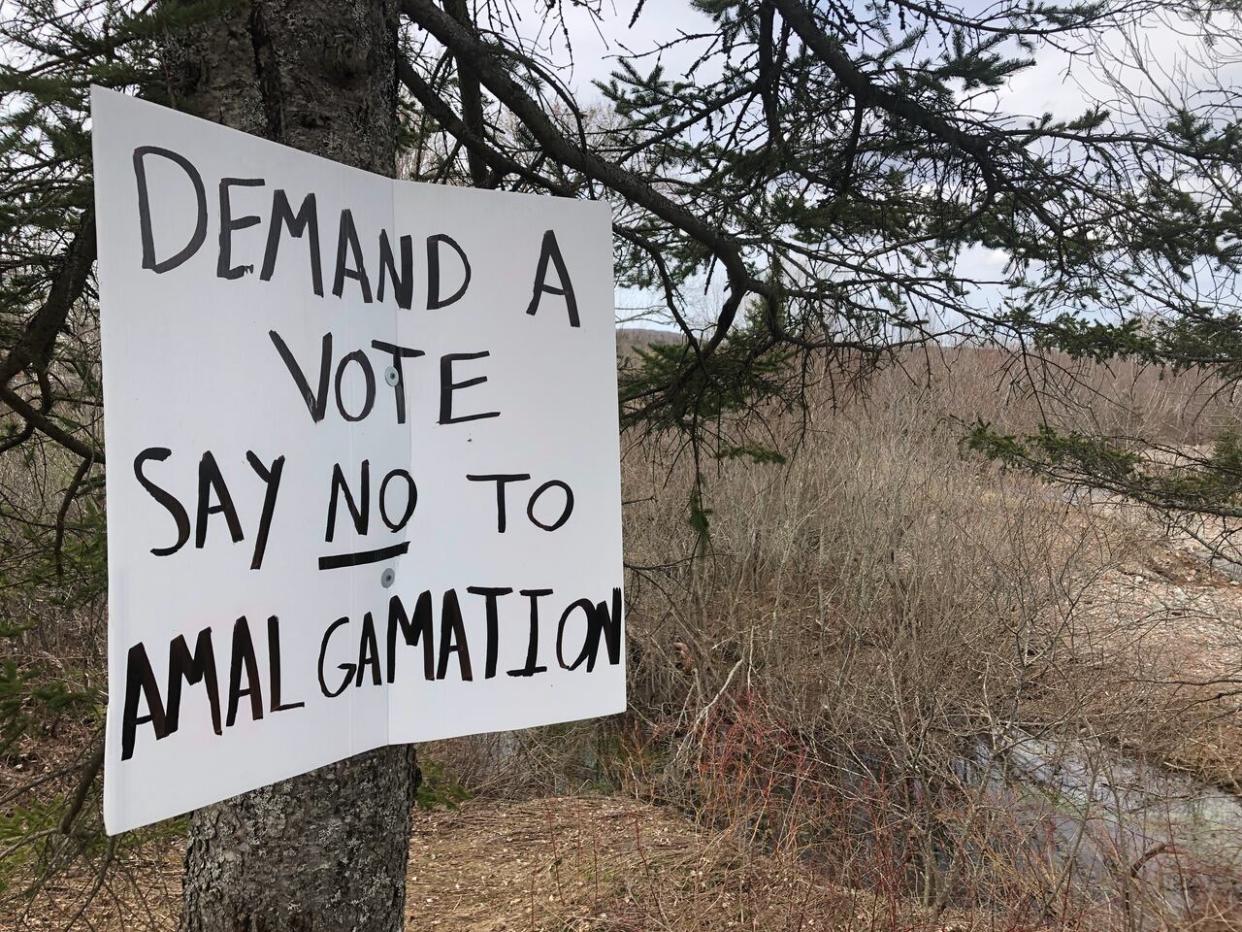 A sign on a back road in Antigonish County calls for a public vote on a potential merger with the town.  (Jon Tattrie/CBC - image credit)