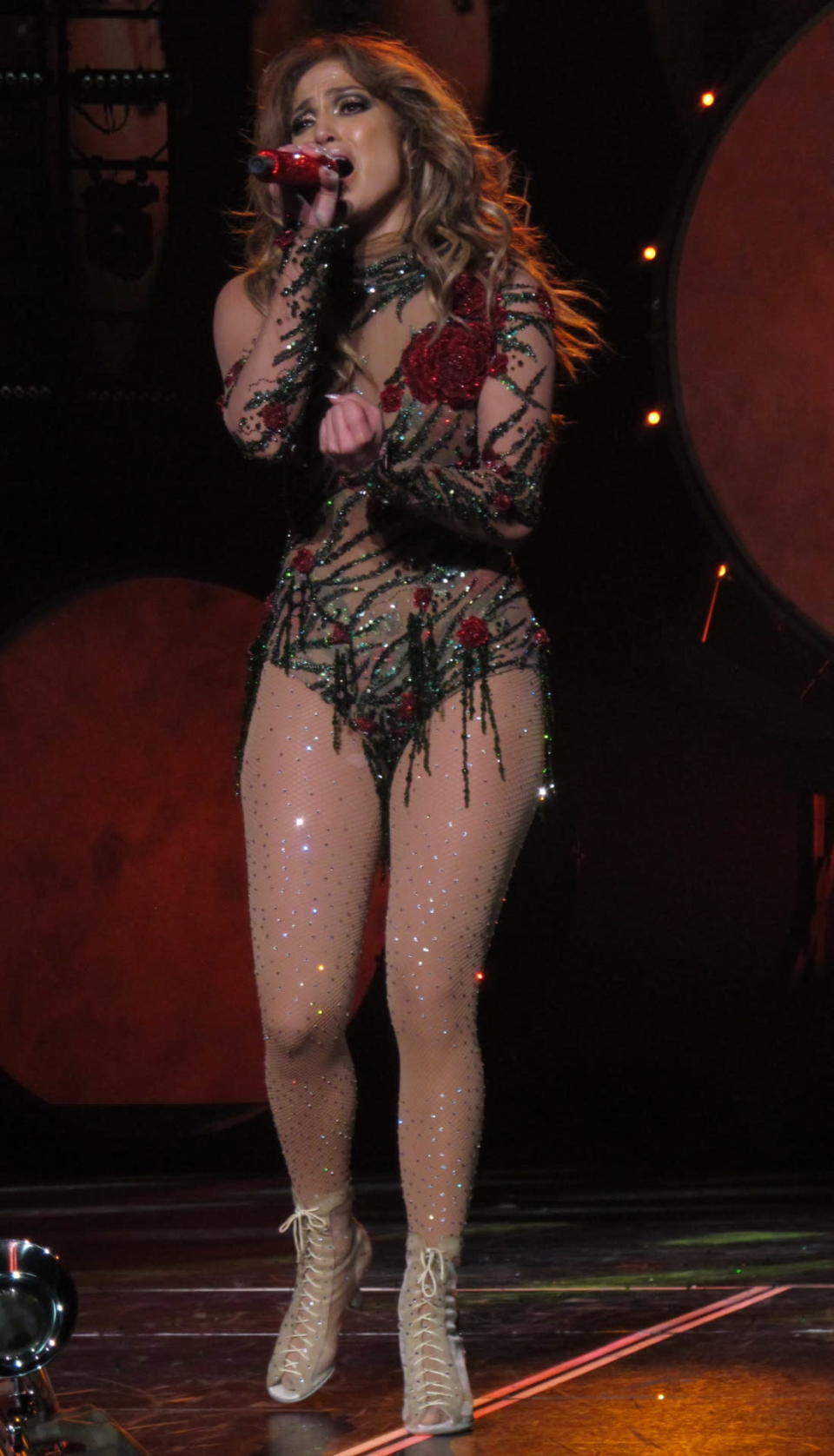 Jennifer Lopez in a rose leotard made of crystals for “Jennifer Lopez: All I Have” in Las Vegas.