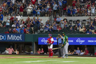 Oakland Athletics' Elvis Andrus (17) waits to take an at-bat during the second inning of a baseball game against the Texas Rangers, Monday, June 21, 2021, in Arlington, Texas. (AP Photo/Sam Hodde)