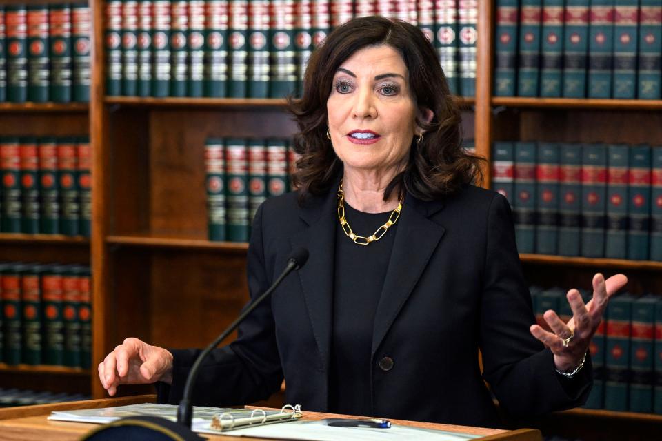 New York Gov. Kathy Hochul speaks to reporters in Albany.