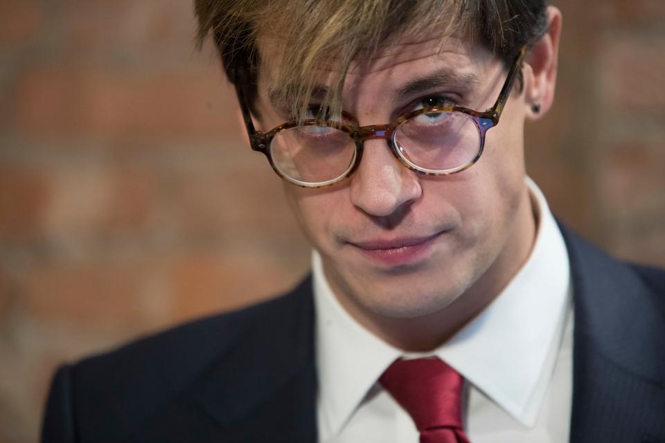 In this Feb. 21, 2017 file photo, Milo Yiannopoulos speaks during a news conference in New York.