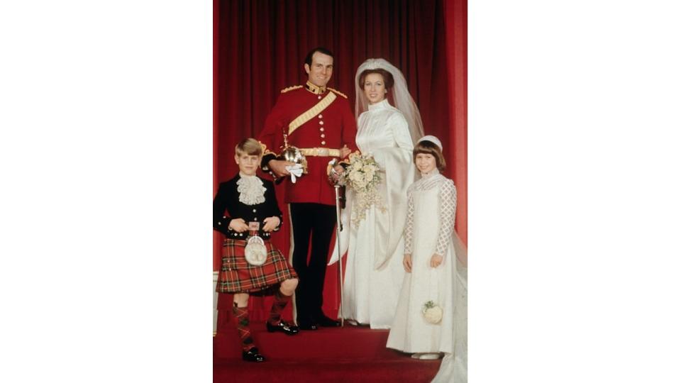 Princess Anne with Captain Mark Phillips on her wedding day, and Prince Edward and Lady Sarah Chatto