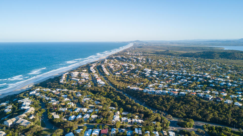 Drone photograph of the coastline of Noosa Heads, Queensland Australia