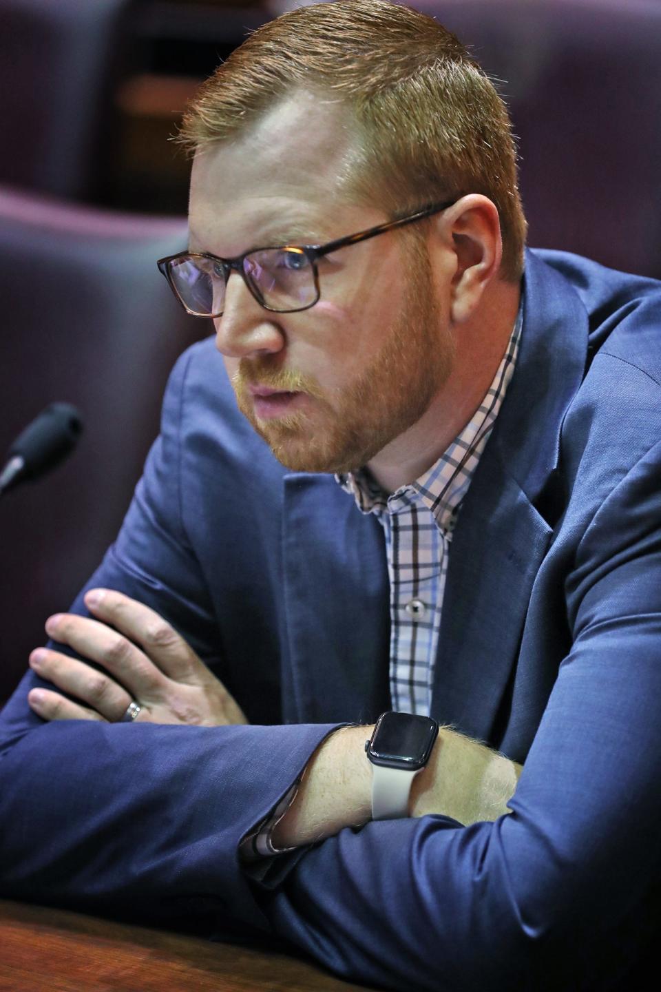 Rep. Ethan Manning listens to public testimony during a hearing on proposed Indiana House and Congressional district maps Thursday, Sept. 16, 2021 in the Indiana Statehouse House Chambers. 