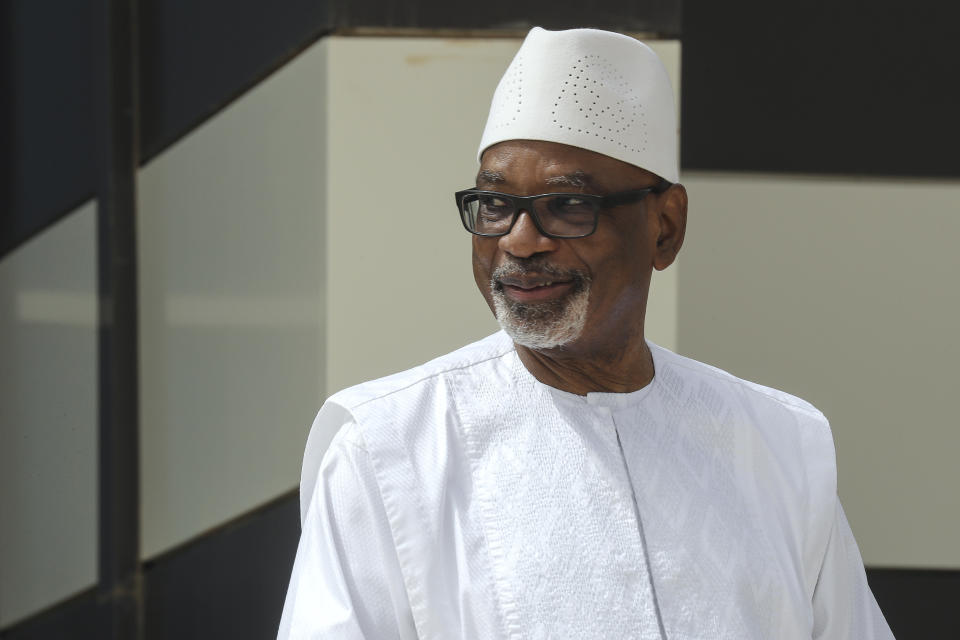 FILE - In this June 30, 2020, file photo, Mali's then President Ibrahim Boubacar Keita poses for a group photograph during the G5 Sahel summit in Nouakchott, Mauritania. Keita, the Malian president ousted in a military coup in August, was hospitalized late Tuesday, Sept. 1, at a private clinic, intensifying fears about the 75-year-old's health after being detained for 10 days by the junta now in power. (Ludovic Marin/Pool Photo via AP, File)