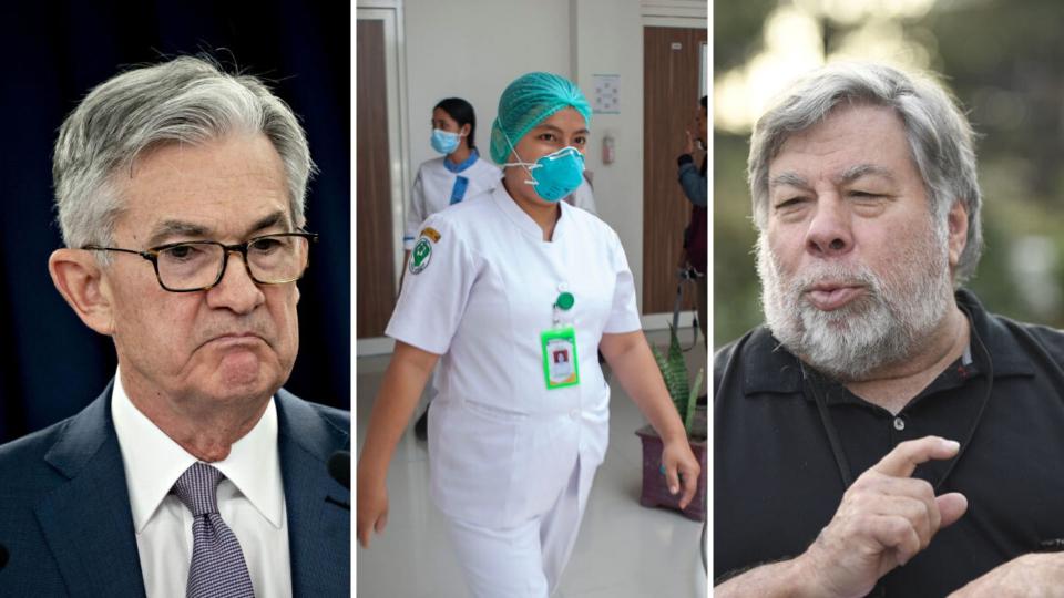 Jerome Powell on the left, a medical worker in the centre and Steve Wozniak on the right.