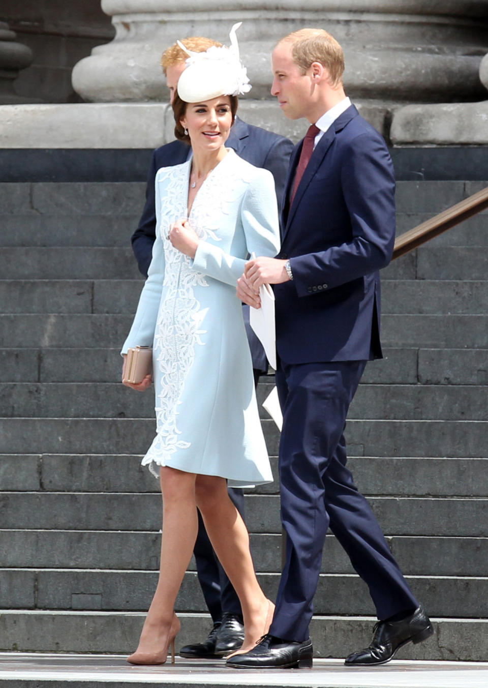 The Duchess of Cambridge in Catherine Walker, with husband Prince William and Prince Harry 