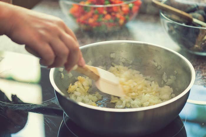 Onion and garlic in a skillet.