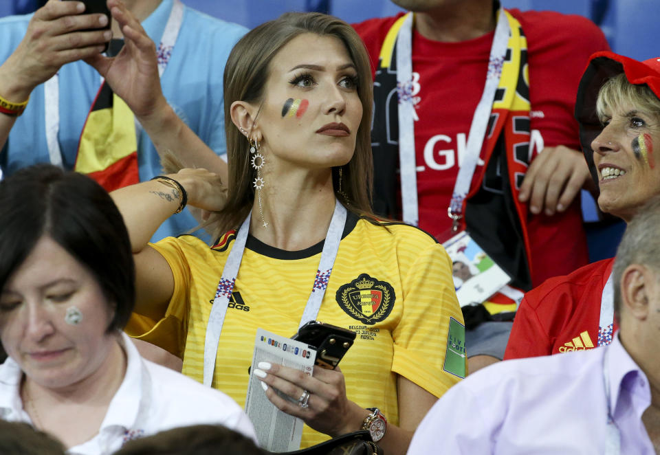 <p>Noemie Happart Carrasco, wife of Yannick Carrasco of Belgium during the 2018 FIFA World Cup Russia Round of 16 match between Belgium and Japan at Rostov Arena on July 2, 2018 in Rostov-on-Don, Russia. (Photo by Jean Catuffe/Getty Images) </p>