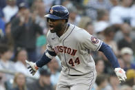 Houston Astros' Yordan Alvarez reacts as he rounds the bases after he hit a solo home run during the fourth inning of a baseball game against the Seattle Mariners, Friday, July 22, 2022, in Seattle. (AP Photo/Ted S. Warren)