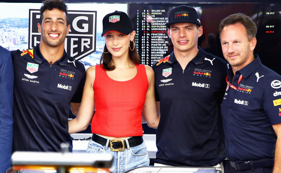 Daniel Ricciardo, pictured here with Max Verstappen and Christian Horner at Red Bull in 2018.