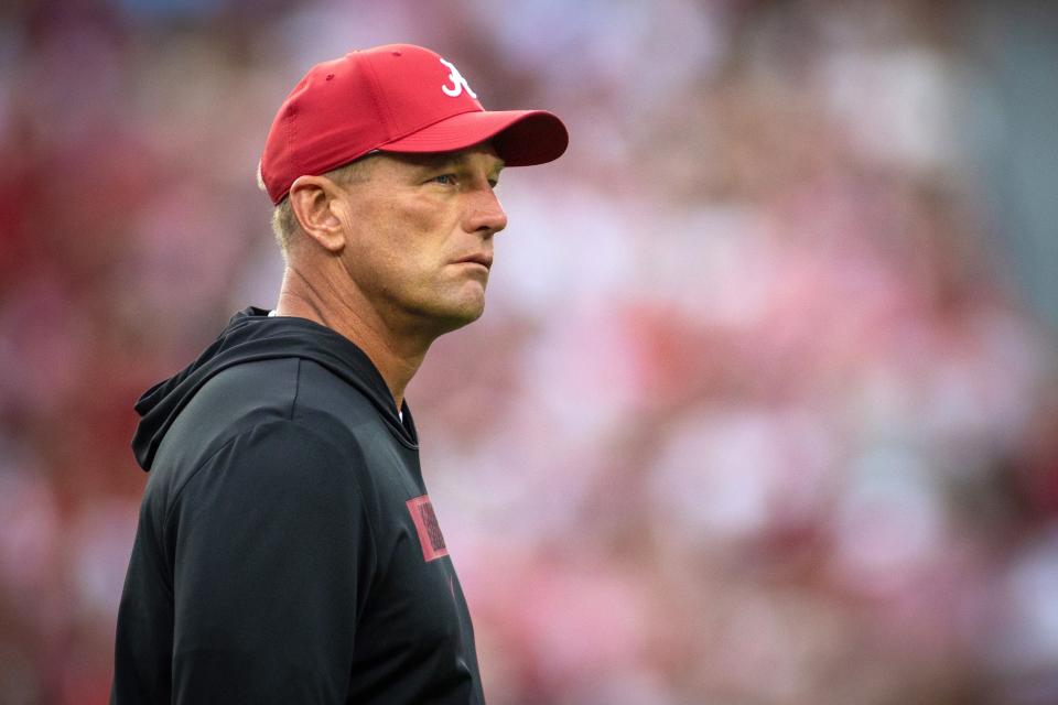 Sep 28, 2024; Tuscaloosa, Alabama, USA; Alabama Crimson Tide head coach Kalen DeBoer watches warm ups on the field before a game against the Georgia Bulldogs at Bryant-Denny Stadium. Mandatory Credit: Will McLelland-Imagn Images