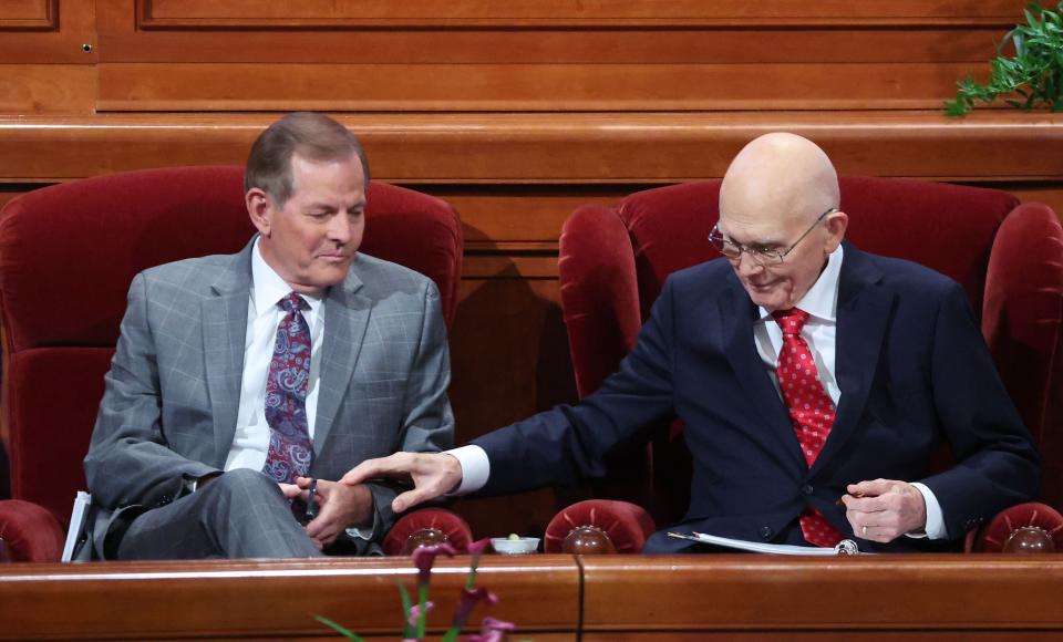 President Dallin H. Oaks and Elder Gary E. Stevenson talk prior to the 193rd Semiannual General Conference of The Church of Jesus Christ of Latter-day Saints at the Conference Center in Salt Lake City on Saturday, Sept. 30, 2023. | Jeffrey D. Allred, Deseret News