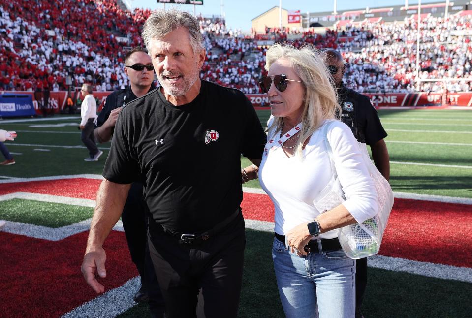 Utah Utes head coach Kyle Whittingham and his wife, Jamie, leave the field in Salt Lake City on Saturday, Sept. 23, 2023. Utah won 14-7. | Jeffrey D. Allred, Deseret News