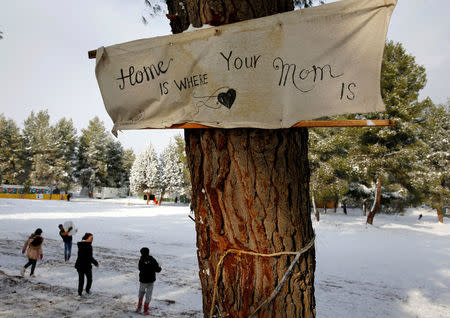 A banner that reads "Home is where your mom is" is attached to a tree at a refugee camp north of Athens as stranded Syrian refugee children play with snow January 10, 2017.REUTERS/Yannis Behrakis