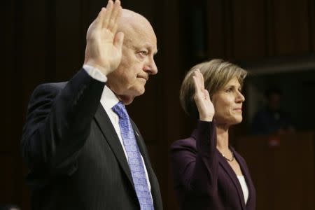 Former Director of National Intelligence James Clapper (L) and former Deputy Attorney General Sally Yates are sworn in prior to testifying before a Senate Judiciary Committee hearing on “Russian interference in the 2016 U.S. election” on Capitol Hill in Washington, U .S., May 8, 2017. REUTERS/Jim Bourg