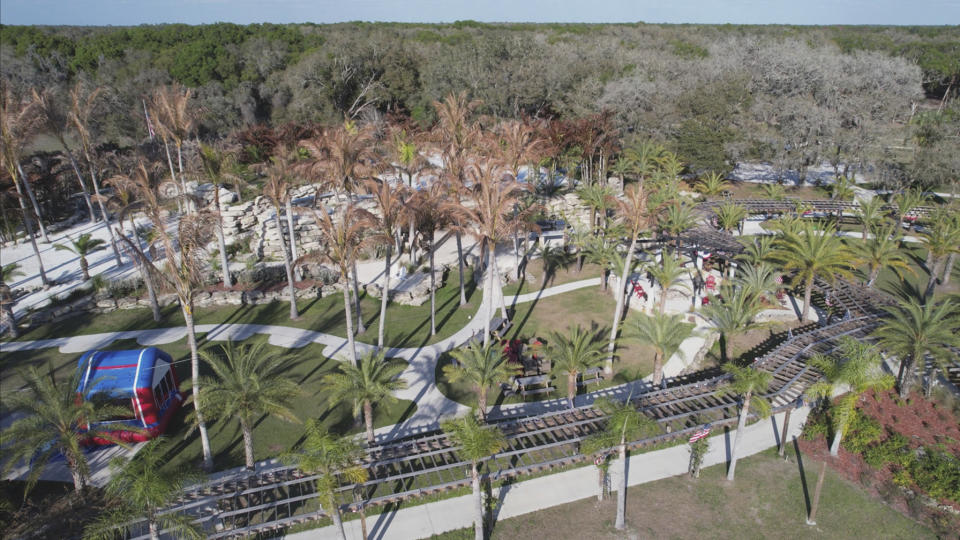 The Hollow, a 10-acre site in Venice, Fla., is seen on Feb. 26, 2022. Michael Flynn has been visiting the site regularly for over a year and supporting it financially. After Hurricane Ian swamped the site with several feet of water, Flynn and owner Vic Mellor visited it together by boat, Mellor told AP. (Richard Rowley/Frontline via AP)