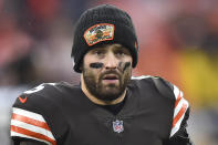 FILE - Cleveland Browns quarterback Baker Mayfield walks to the locker room after the Browns defeated the Detroit Lions 13-10 in an NFL football game, Sunday, Nov. 21, 2021, in Cleveland. Mayfield's chance to change the narrative — about him, about the Browns and about his future is staring him in the face. He's got five games to show he's either a franchise quarterback or another Cleveland miss.(AP Photo/David Richard, File)