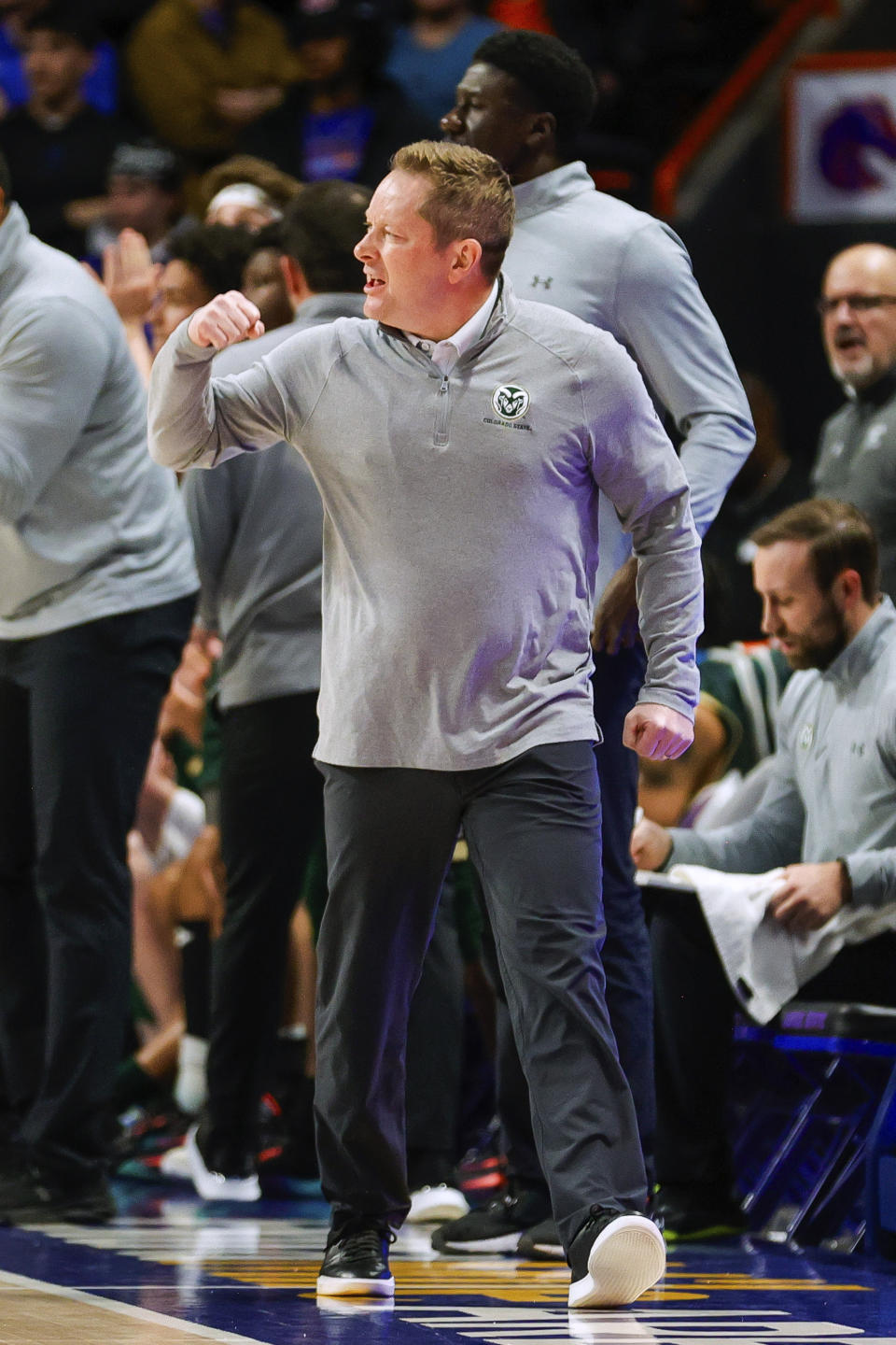 Colorado State head coach Niko Medved celebrates after a stop against Boise State during the first half of an NCAA college basketball game Tuesday, Jan. 9, 2024, in Boise, Idaho. (AP Photo/Steve Conner)
