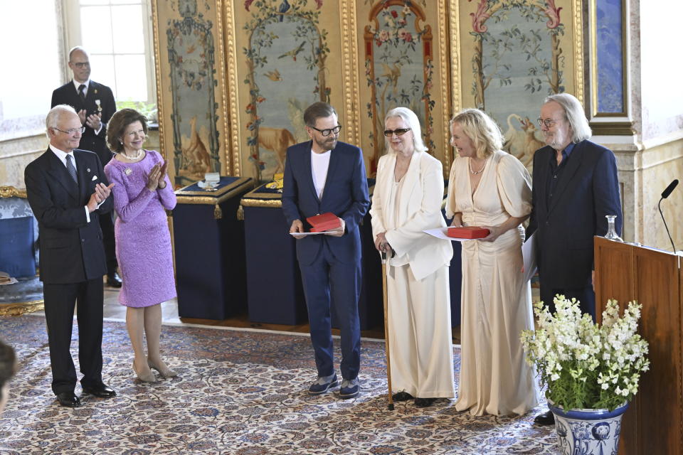 The music group ABBA with Björn Ulvaeus, Anni-Frid Lyngstad, Agnetha Fältskog and Benny Andersson will receive the Royal Vasa Order from Sweden's King Carl Gustaf and Queen Silvia at a ceremony at Stockholm Royal Palace on May 31 for outstanding contributions to Swedish and international music life. (Henrik Montgomery/TT News Agency via AP)