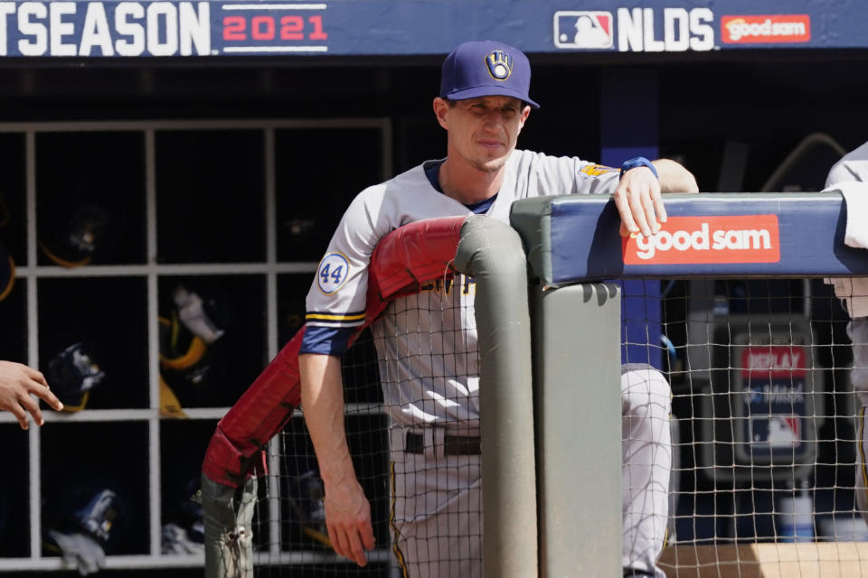 Milwaukee Brewers manager Craig Counsell (30) watches play in the second inning of Game 3 of a baseball National League Division Series against the Atlanta Braves, Monday, Oct. 11, 2021, in Atlanta. (AP Photo/John Bazemore)