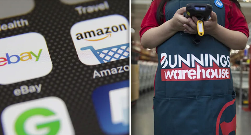 Left - Amazon and eBay logos on a phone. Right - a Bunnings employee.