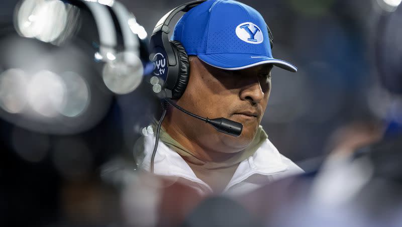 BYU coach Kalani Sitake is pictured here during a timeout during the game against the Iowa State Cyclones at LaVell Edwards Stadium in Provo on Saturday, Nov. 11, 2023. The Cougars fell to the Cyclones 45-13.