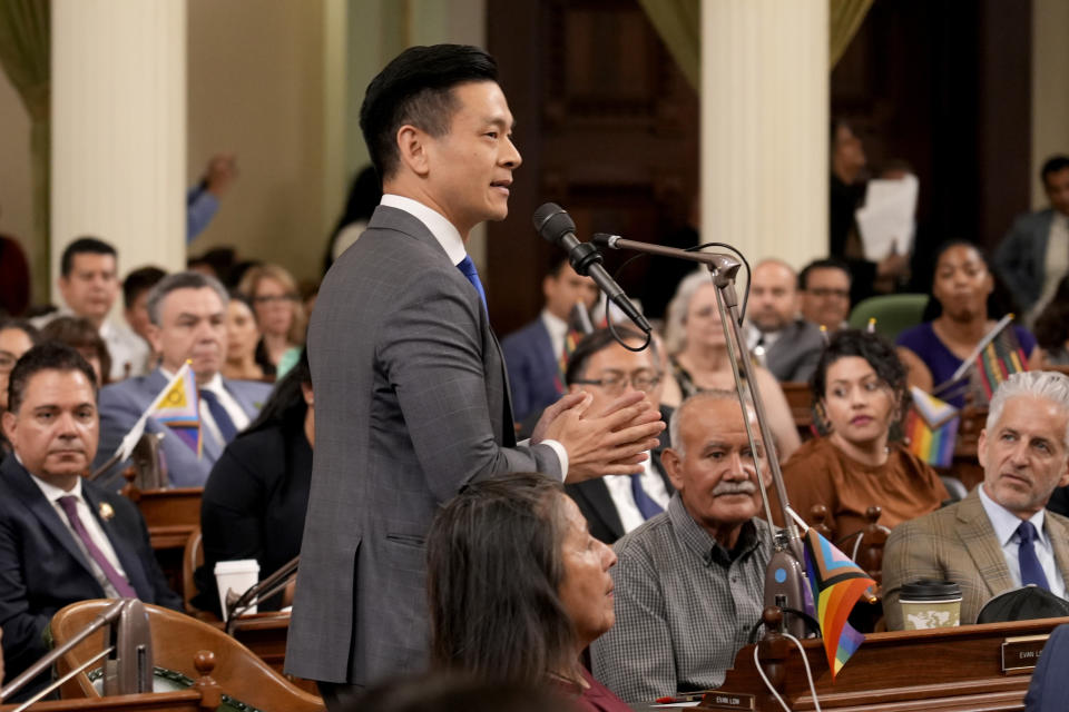 FILE - Democratic Assemblyman Evan Low, makes a statement during the California Assembly at the Capitol in Sacramento, Calif., on June 30, 2023. Nearly a month after election day, the outcome in an overwhelmingly Democratic House district in the San Francisco suburbs remains undecided, and it's possible two candidates could end up in a tie. Low is tied for second place with Joe Simitian in the race. (AP Photo/Rich Pedroncelli, File)